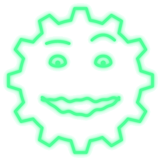 Gus, a glowing green gear with a grin